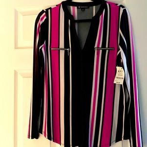 NWT    INC Long Sleeve Blouse  Pink Black and White Stripes size medium.
